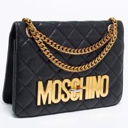 Pre Owned Moschino Black Quilted Leather Logo Flap Shoulder Bag