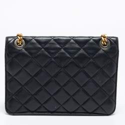 Pre Owned Moschino Black Quilted Leather Logo Flap Shoulder Bag
