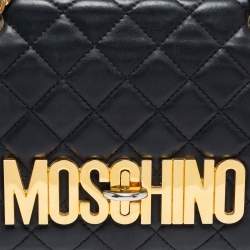 Pre Owned Moschino Black Quilted Leather Logo Flap Shoulder Bag