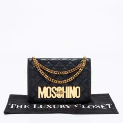 Pre Owned Moschino Black Quilted Leather Logo Flap Shoulder Bag