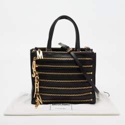 Pre Owned Moschino Black Leather Zip Detail Tote