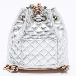 Pre Owned Moschino Metallic Silver Quilted Leather Logo Drawstring BackPack