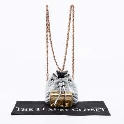 Pre Owned Moschino Metallic Silver Quilted Leather Logo Drawstring BackPack