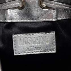 Pre Owned Moschino Metallic Silver Quilted Leather Logo Drawstring BackPack
