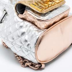 Pre Owned Moschino Metallic Silver Quilted Leather Logo Drawstring BackPack