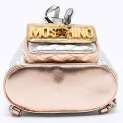 Pre Owned Moschino Metallic Silver Quilted Leather Logo Drawstring BackPack