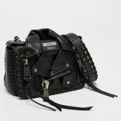 Pre Owned Moschino Black Leather Biker Jacket Cross Body Bag