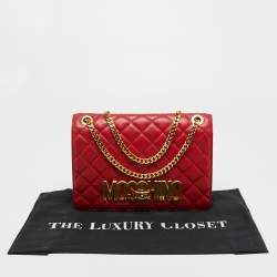 Pre Owned Moschino Red Quilted Leather Logo Flap Shoulder Bag