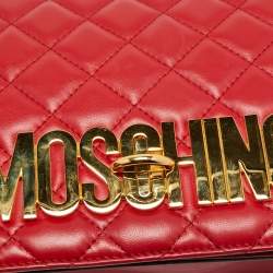 Pre Owned Moschino Red Quilted Leather Logo Flap Shoulder Bag