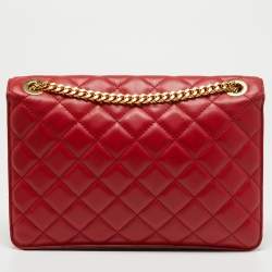 Pre Owned Moschino Red Quilted Leather Logo Flap Shoulder Bag