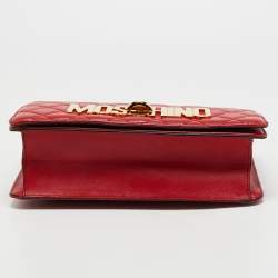 Pre Owned Moschino Red Quilted Leather Logo Flap Shoulder Bag