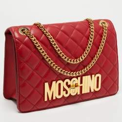 Pre Owned Moschino Red Quilted Leather Logo Flap Shoulder Bag