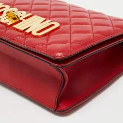 Pre Owned Moschino Red Quilted Leather Logo Flap Shoulder Bag