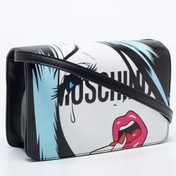 Pre Owned Moschino Black Leather Eyes Capsule Flap Crossbody Bag