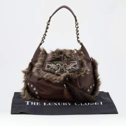 Pre Owned Moschino Brown Leather, Faux Fur, and Mink Studded Hobo