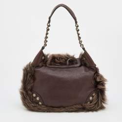 Pre Owned Moschino Brown Leather, Faux Fur, and Mink Studded Hobo
