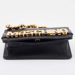 Pre Owned Moschino Black Leather Mini Logo Flap Chain Shoulder Bag