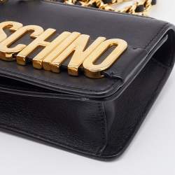 Pre Owned Moschino Black Leather Mini Logo Flap Chain Shoulder Bag