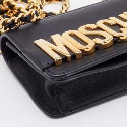 Pre Owned Moschino Black Leather Mini Logo Flap Chain Shoulder Bag