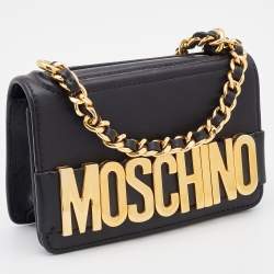 Pre Owned Moschino Black Leather Mini Logo Flap Chain Shoulder Bag