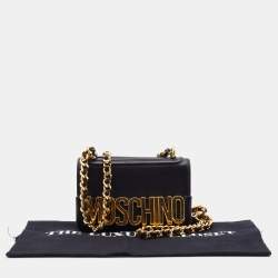 Pre Owned Moschino Black Leather Mini Logo Flap Chain Shoulder Bag