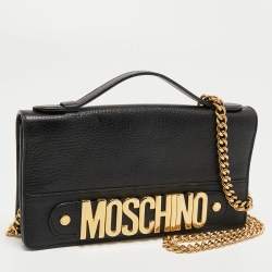 Pre Owned Moschino Black Leather Flap Chain Clutch