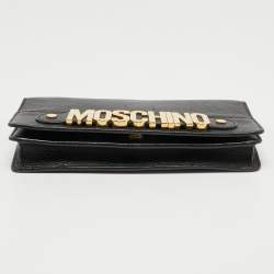 Pre Owned Moschino Black Leather Flap Chain Clutch