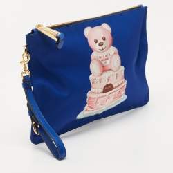 Pre Owned Moschino Blue Teddy Bear Print Nylon Wristlet Pouch