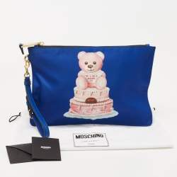 Pre Owned Moschino Blue Teddy Bear Print Nylon Wristlet Pouch