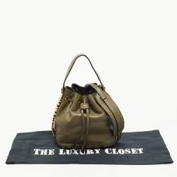 Pre Owned Moschino Green Leather Logo Drawstring Bucket Bag   