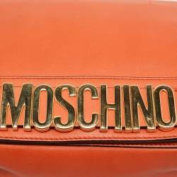 Pre Owned Moschino Orange Leather Limited Edition Logo Flap Crossbody Bag