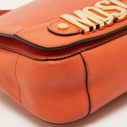 Pre Owned Moschino Orange Leather Limited Edition Logo Flap Crossbody Bag