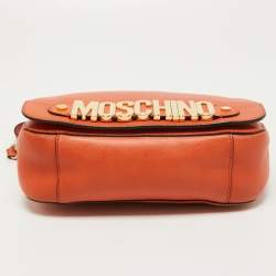Pre Owned Moschino Orange Leather Limited Edition Logo Flap Crossbody Bag