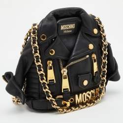 Moschino Black Leather Capsule Biker Jacket Shoulder Bag