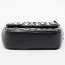 Moschino Black Quilted Leather Faux Pearl Embellished Flap Shoulder Bag