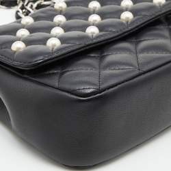 Moschino Black Quilted Leather Faux Pearl Embellished Flap Shoulder Bag