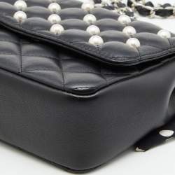 Moschino Black Quilted Leather Faux Pearl Embellished Flap Shoulder Bag