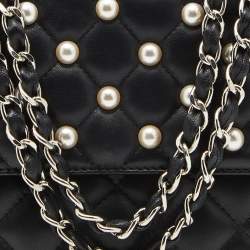 Moschino Black Quilted Leather Faux Pearl Embellished Flap Shoulder Bag