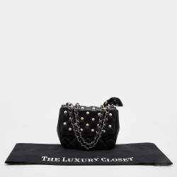 Moschino Black Quilted Leather Faux Pearl Embellished Flap Shoulder Bag