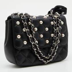 Moschino Black Quilted Leather Faux Pearl Embellished Flap Shoulder Bag