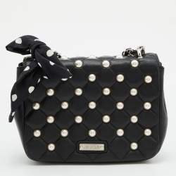Moschino Black Quilted Leather Faux Pearl Embellished Flap Shoulder Bag