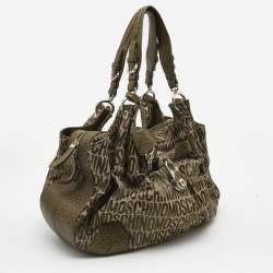 Pre Owned Moschino Olive Green Signature Fabric and Croc Embossed Leather Hobo