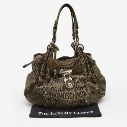 Pre Owned Moschino Olive Green Signature Fabric and Croc Embossed Leather Hobo