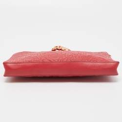 Pre Owned Moschino Red Embroidered Logo Leather Wristlet Clutch