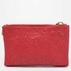 Pre Owned Moschino Red Embroidered Logo Leather Wristlet Clutch