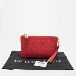 Pre Owned Moschino Red Embroidered Logo Leather Wristlet Clutch