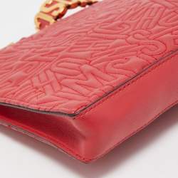 Pre Owned Moschino Red Embroidered Logo Leather Wristlet Clutch