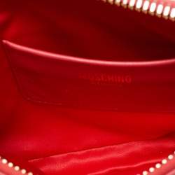 Pre Owned Moschino Red Embroidered Logo Leather Wristlet Clutch