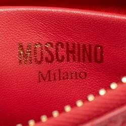 Pre Owned Moschino Red Embroidered Logo Leather Wristlet Clutch