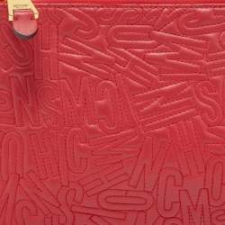 Pre Owned Moschino Red Embroidered Logo Leather Wristlet Clutch